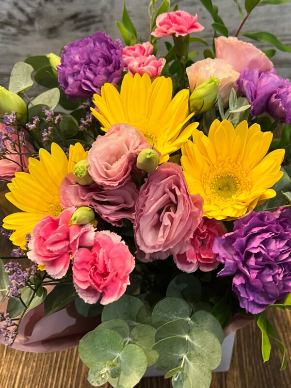 A colorful fresh flower posy box arrangement ranging from purples to yellows, Includes seasonal flowers such as gerberas, carnations, spray carnations and lisianthus