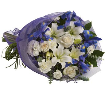 Blue joy roses lilies sim carnations blue iris a beautiful bqt