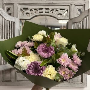 product image of Ebchanted Cottage bouquet. Purple and Green cream colour palate