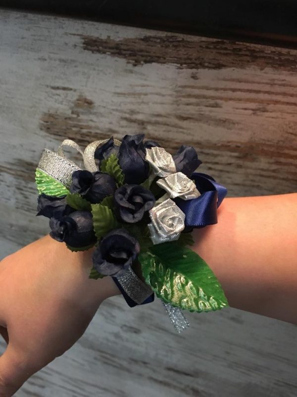 black and silver artificial flower wrist corsage