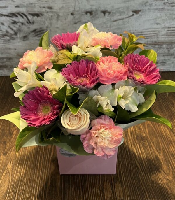 Product image- Sweet Romance: florist choice box arrangement with pink flowers