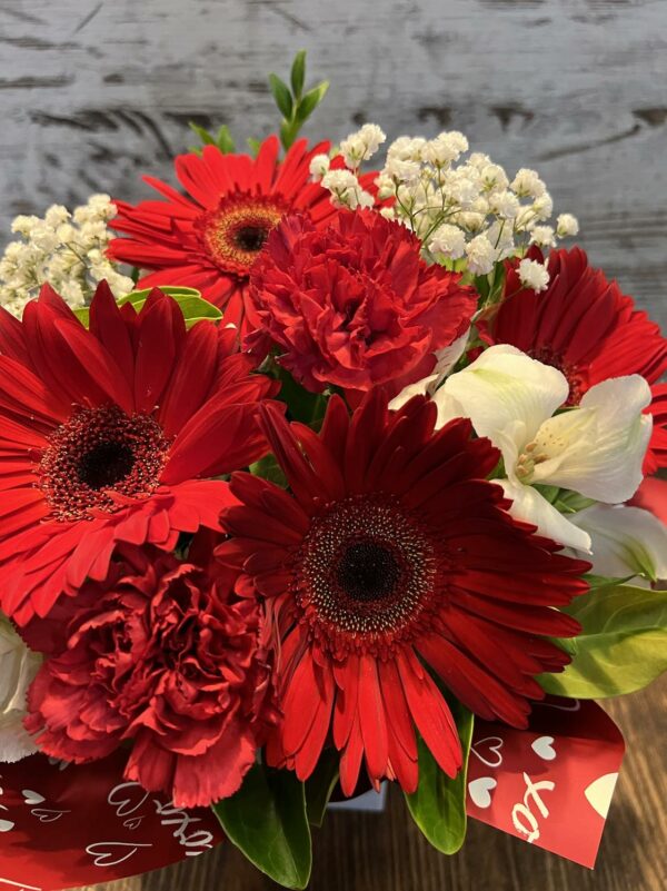 Love Story, floral box arrangement, created with a red colour mix