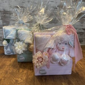 Sweet Baby Gift Hampers from Westridge Florist in pink, green, and blue, each featuring a beautiful wooden gift box, a newborn-safe Gund My First Teddy, and a cozy cuddle blanket